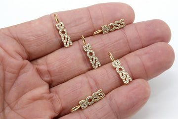 CZ Pave Boss Dog Tags, Gold Boss Word Charms Inspirational Dog Tags #2641, Oblong Rectangle Bar Pendants